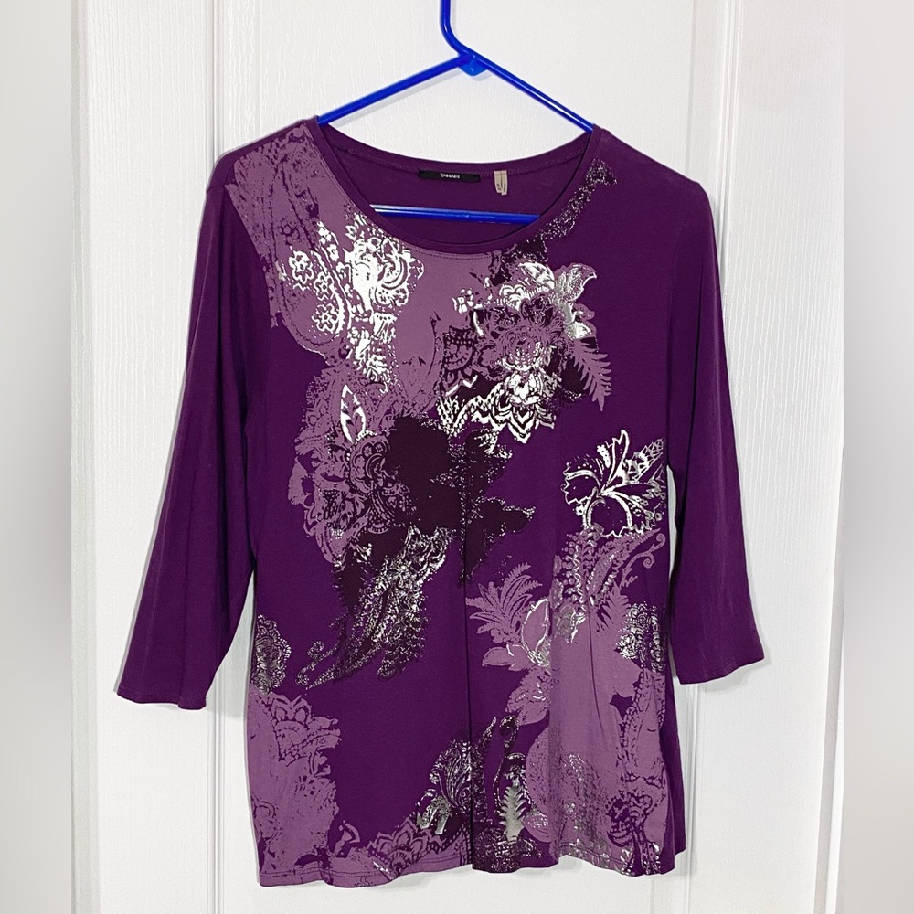 Y2K Tahari Metallic Floral Foil Print 3/4 Sleeve Tee Purple XL